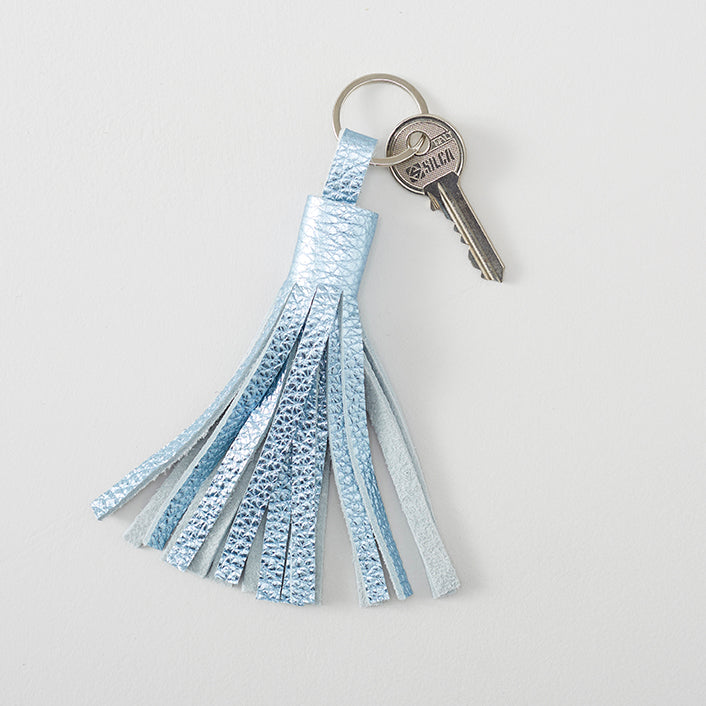 handmade mettalic light blue leather tassel