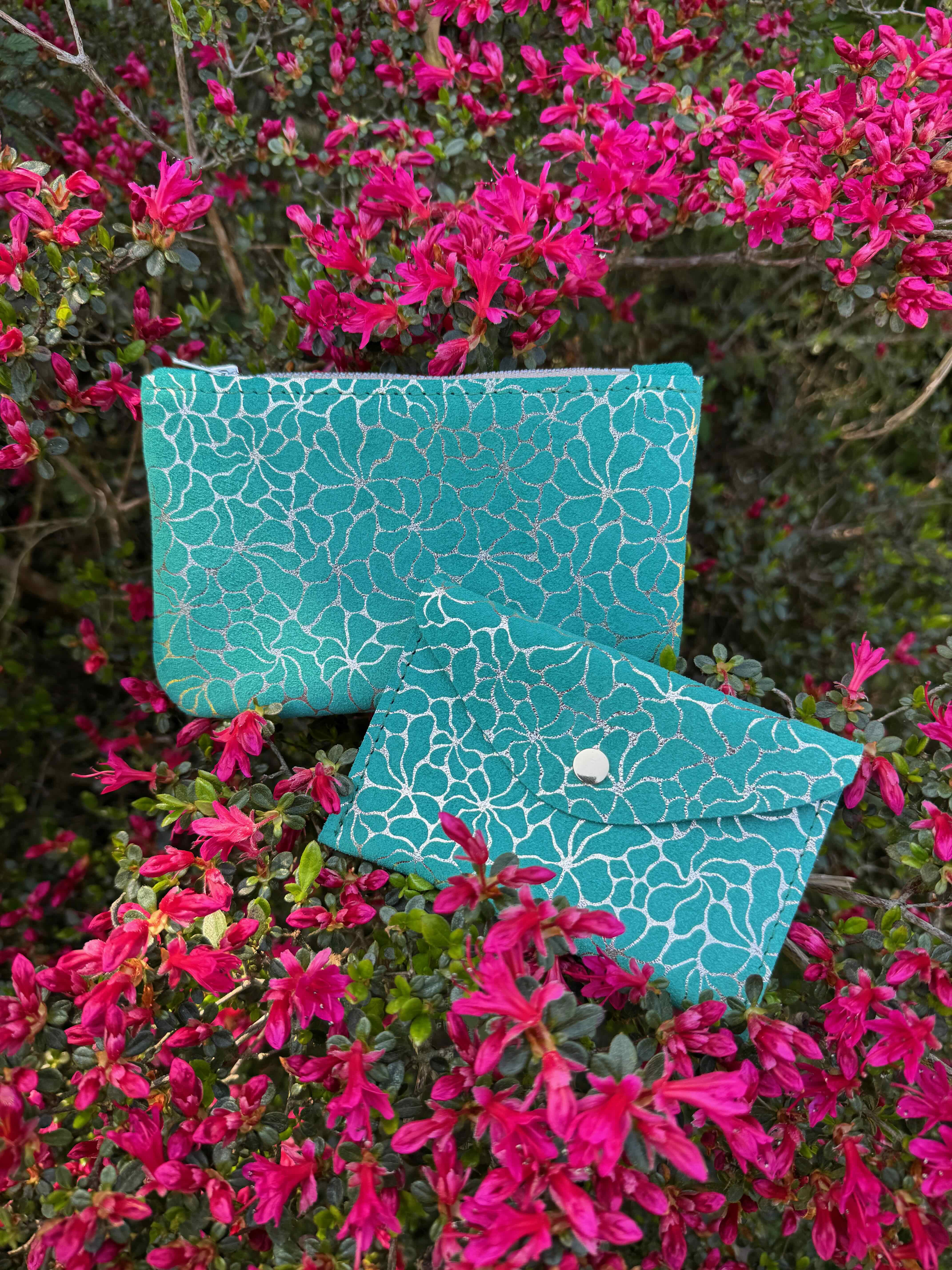 Floral Suede Zipped Leather Purse