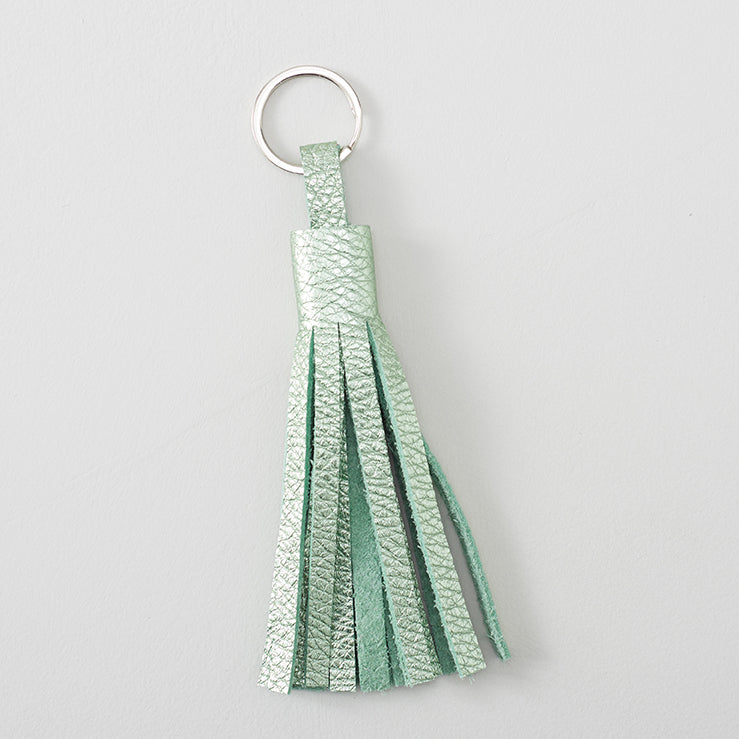 handmade mettalic green leather tassel