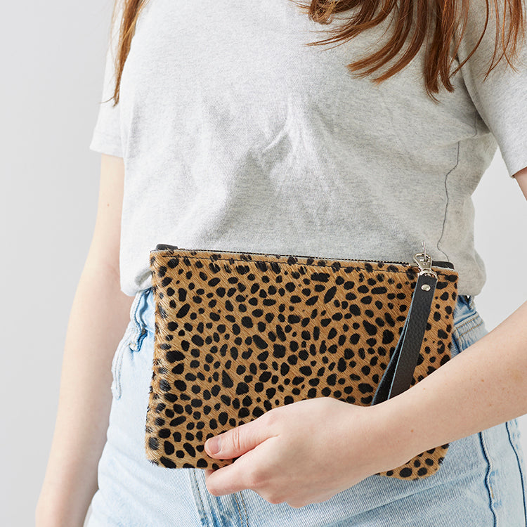 Leopard Print Leather Clutch Bag