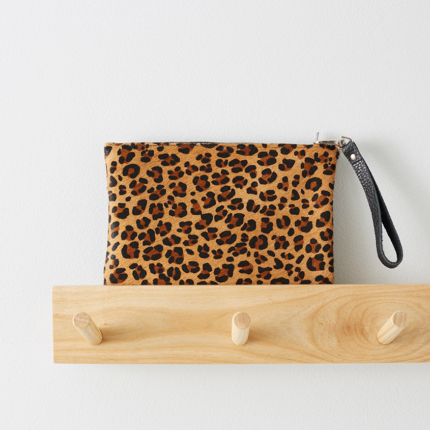 Leopard Print Leather Clutch Bag